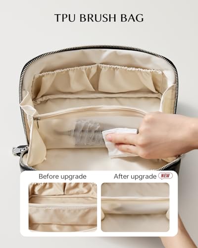 Image of EACHY Travel Makeup Bag, Lychee Leather Large Capacity Cosmetic Bag for Women, Open Flat Toiletry Bag with TPU Brush Compartment, Waterproof Skincare Organizer Travel Essentials