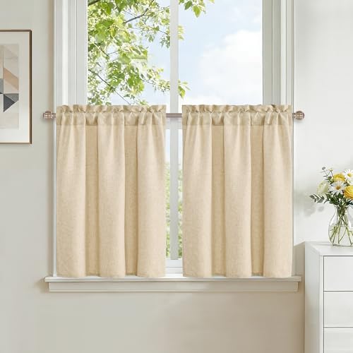 DWCN Rideau Court Rideau Cuisine Beige 60L X 45H cm 2 Panneaux Faux Lin Rideaux Brise Bise à Passe Tringle Style Maison de Campagne pour Rideaux sous Evier...