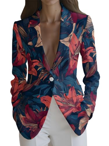 Women's Floral Printed Blazer Lightweight Fall Long Sleeve Lapel Single Button Suit Jackets
