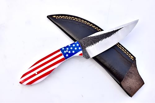 Silver Edge Knives USA Flag Fixed Blade Hunting Knife - Full Tang High Carbon Steel - Forged Texture Blade - Premium Resin Handle - Black Leather Sheath (US-Flag-CB-1)