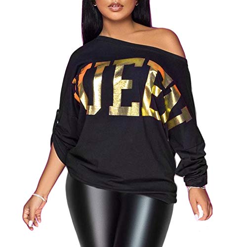 PESION Womens Off The Shoulder Tops Sexy Shiny Metallic Shirts Long Sleeves Fashion Graphic T-Shirts Blouses Black+ Gold XX-Large