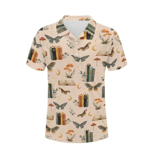Cupattern Butterfly Book Moon Men's Polo Short Sleeve Shirts Funny Golf Shirt Library 4XL