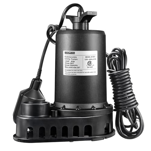 WASSERMANN 1/2HP Sump Pump,3300GPH Thermoplastic Utility Pump Electric Portable Transfer Clean/Dirty Submersible Pump with Float Switch for Pool Tub Garden Pond Draining with 10 FT Cord