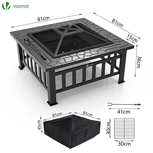 Vounot Fire Pit Table 32 Inch Square Metal Firepit Multifunctional Outdoor Fireplace With Spark Screen Lit And Rain Cover For Camping Garden Patio Outside 32X32X14 Inch Black #TOP2