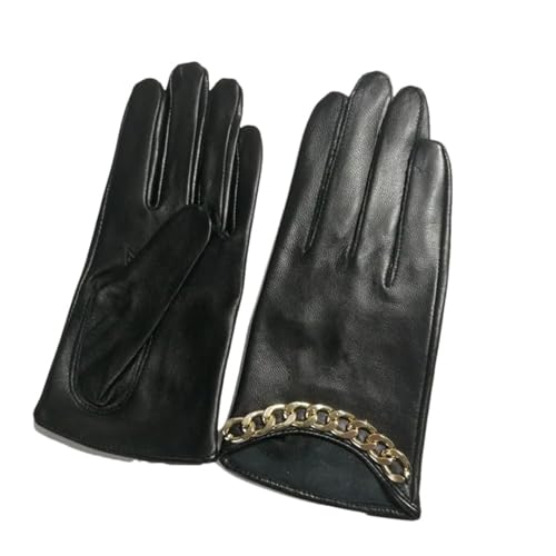 Guante de motocicleta para mujer, diseño corto, piel de oveja, piel auténtica, para pantalla táctil, Forro polar negro Plus, S