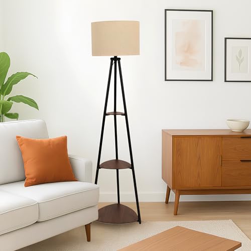 Image of AKWAY Bamboo Tripod Floor Lamp for Living Room Cane Floor Lamp for Home Rattan for Living Room Standing Lamp Wooden Floor Standing lamp for Bedroom (Bulb Not Included) (Tripod Shelf Fabric 12 inchx8 inch)