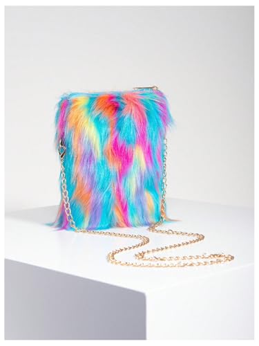 OYOANGLE Women's Faux Fur Color Block Chain Shoulder Bag Furry Zipper Small Handbags Trendy Crossbody Bags3
