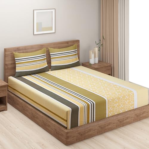 Image of Swayam 100% Cotton Double Bedsheet with 2 Pillow Covers | Size 90 x 100 inch | 144 TC | Striped Design | Soft Breathable Bed Sheet | Comfortable & Durable for Bedroom - Yellow & Green
