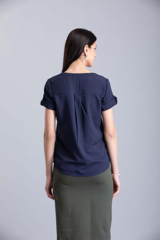 Image of FableStreet Women Formal Top | Asymmetrical Button Placket Band Collar Three-Quarter Sleeves | Pure Cotton Smooth Fabric for Office & Workwear