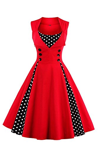AXOE Robe Femme Vintage Années 50 en Coton Extensible Robe de Cocktail Chic et Élégante Mariage, Soirée, Guinguetteà Pois Rouge, Taill 42, L
