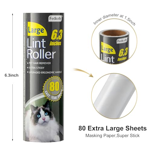 Image of Fedicelly Large Lint Rollers Pet Hair Extra Sticky Refills,Mega Value Set 6.3 inches Wider with 320 Sheets for Cat and Dog Hair Removal,80 Sheets Per Roller
