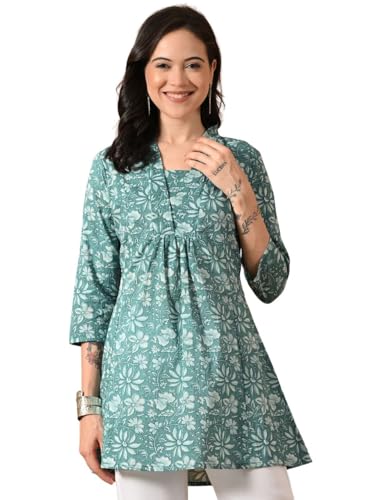 Image of Amazon Brand - Tavasya Women Ethnic Printed V-Neck Cotton Short A-line Kurta | Stylish Casual Everyday Office Top | 3 /4th Sleeve | Regular Fit