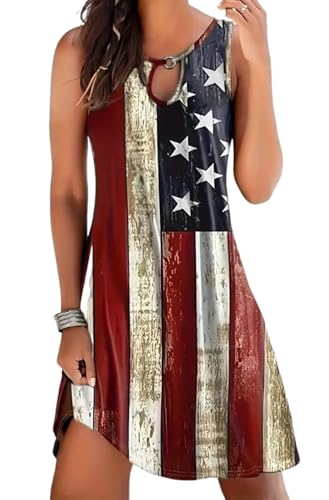 Image of AIMITAG American Flag Tank Dresses for Women USA Flag Stars and Stripes Patriotic July 4th Keyhole Neckline Beach Sundress