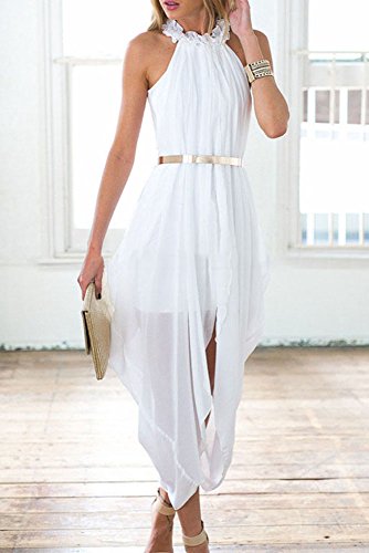 Women's Sheer Chiffon Folds Hi Low Loose Dress Delicate Gold Belt - Image 3