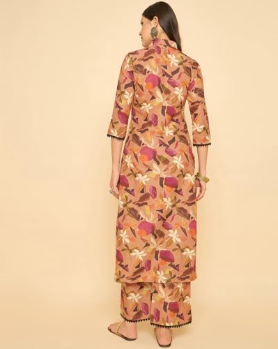 Image of SheWill Women Cotton Blend Floral Printed Straight Kurta with Mandarin Collar, Button Detailing, and 3 /4th Sleeves Paired with Matching Printed Pants