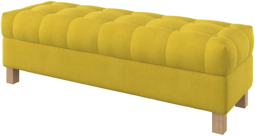 Furninero - Button Tufted Upholstered Opened Storage Bench Footstool Ottoman, squared legs, 140 cm wide, Majestic Velvet Yellow fabric (Stain Resistant)