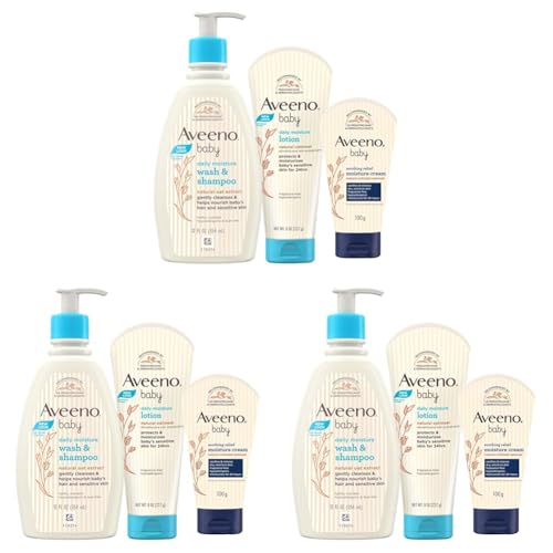 Image of Combo Pack: Aveeno Baby Daily Moisturizing Wash & Shampoo (354ml) + Daily Moisture Lotion (227g) + Soothing Relief Moisture Cream 100g | With natural oat extract | Hypoallergenic, pediatrician recommended | pH balanced formulation with no added parabens and pthalates