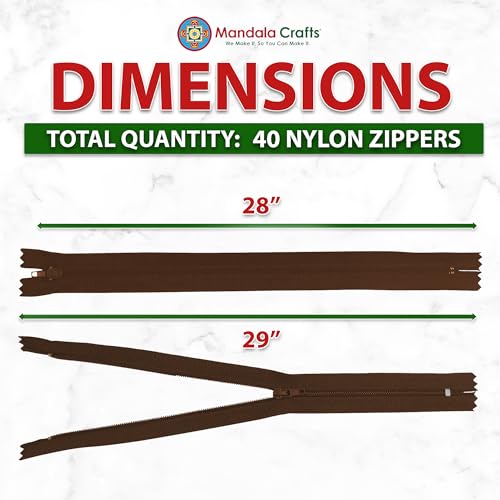 Image of Mandala Crafts 40 PCs Dark Brown Closed-End 28 in Nylon Zippers for Sewing