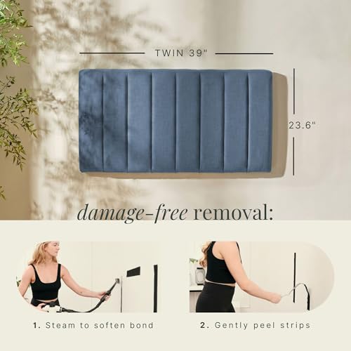 Image of Hearth & Harbor Wall Mounted Twin Headboard Only, Bed Headboard Twin Size | Easy Assemble, Floating Peel and Stick, Upholstered, Channel Stitched, 3D Wall Panels, 5 Strips of 3M Tape Included, Blue