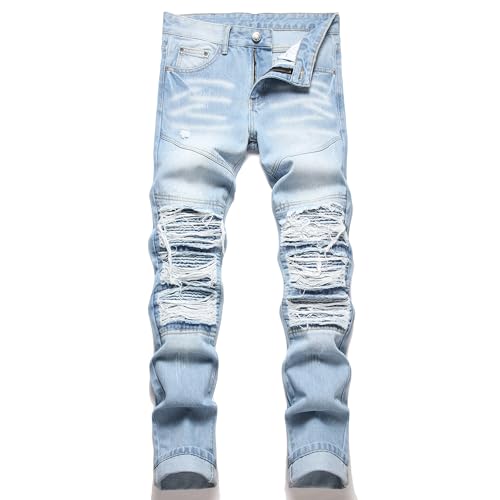Image of RXXKKK Men's Classic Zipper Biker Regular Fit Flex Jean, 253 Light Blue, 30