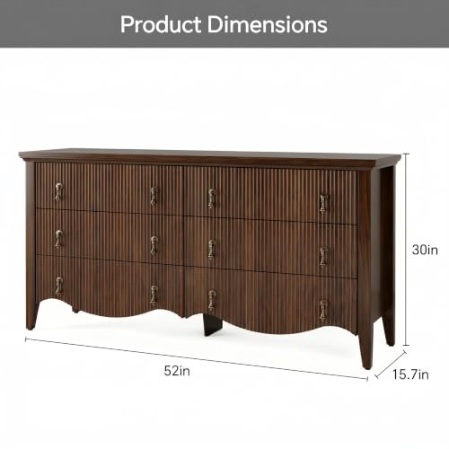 Image of FUSUNBAO 6-Drawer Fluted Dresser, 52 inch Wide Double Chest of Drawers,Walnut | Fluted Design, Horizontal Chest of Drawers, Freestanding Storage Cabinet, For Bedroom & Living Room, Farmhouse Decor