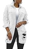sexycherry Denim White Jackets for Women Casual Classic Distressed Long Sleeve Botton Down Trucker Jeans Ripped Coat Outwear(Small)