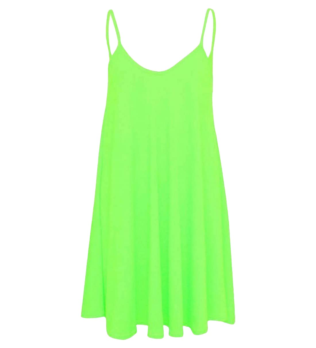 Ladies Novelty Fancy Strappy Cami Vest Mini Dress Womens Sleeveless Plain Hen Party Wear Swing Skater Top Plus Size Neon Green UK 12-14