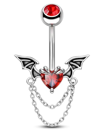 CM Crareesi Mania Halloween Belly Button Ring 316L Stainless Steel Belly Rings Double Chain 14G 10mm Bat Belly Piercing Jewelry Red CZ Navel Rings Heart Navel Piercing
