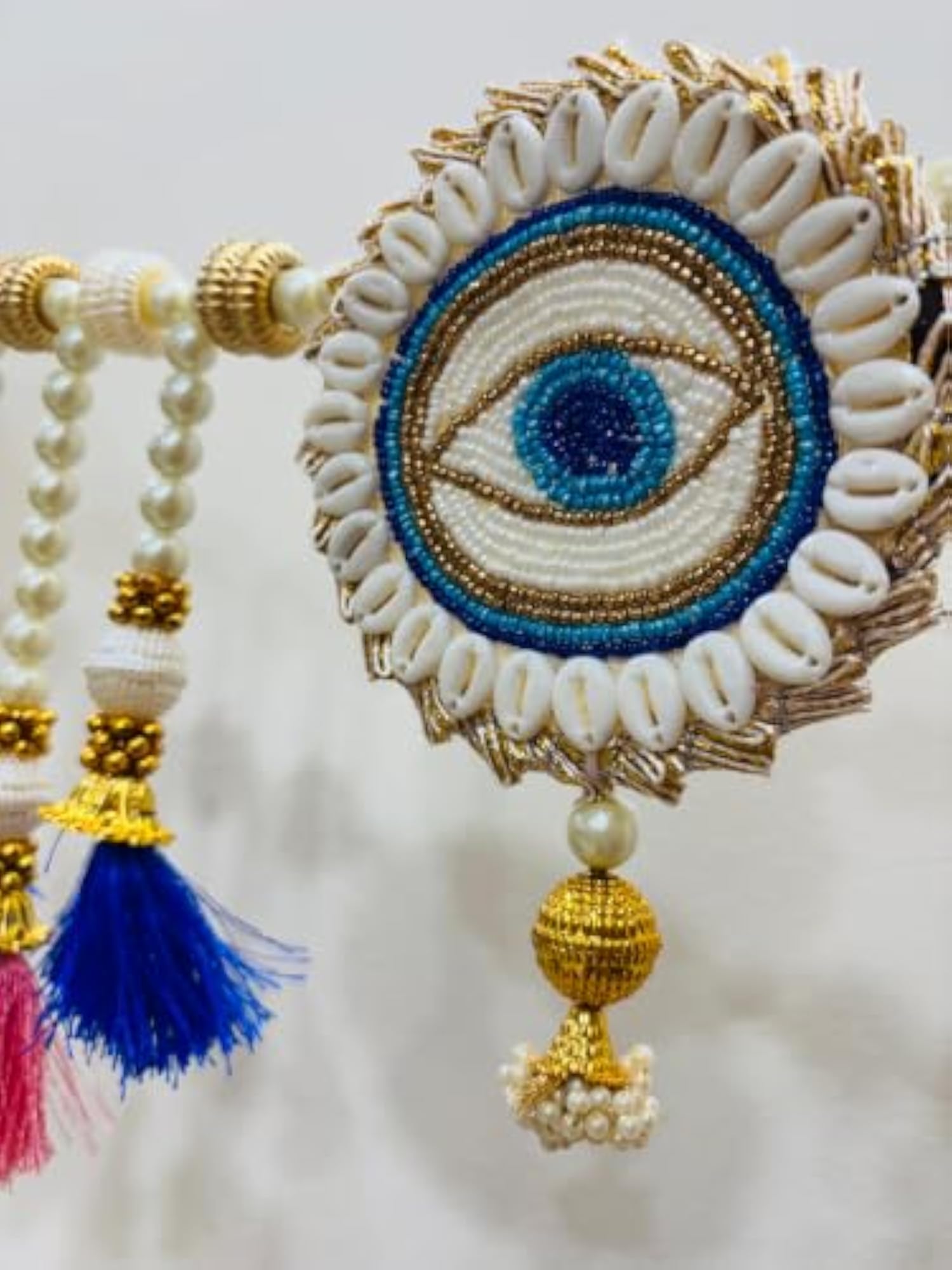 Handcrafted Evil Eye Pearl & Cowrie Shell Toran for Main Door