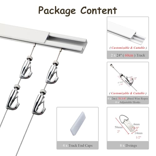 Image of UrbanUp Picture Rail Hanging System 24 inch Track with 2m Long Picture Hanging Cord, 2pcs Picture Hanging Systems White /Black, Indoor Picture Rail Hanging Hooks and Wire Adjustable(White)
