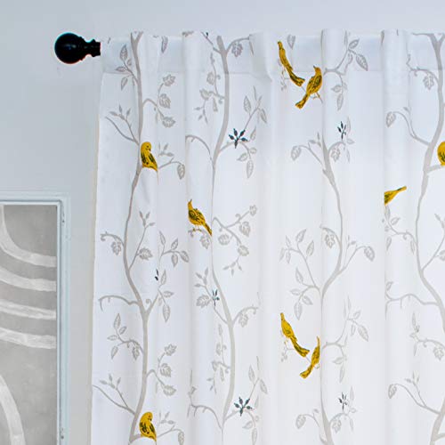 Image of Tranquebar Curtain Co. Window Curtains 6 Feet, 60-65% Room Darkening, Yellow Bird Print, Cotton Curtains for Window, Cotton Curtains 6 Feet Long Set of 2, BackTab Loops, Yori (183 cm) - Set of 2