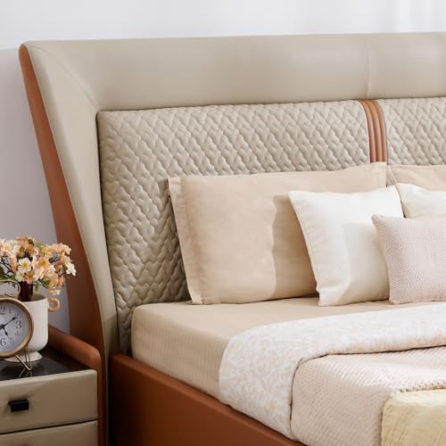 Image of Home Centre | Tiffany Caramel Faux Leather Queen Size Bed | Engineered Wood | Beige | 1 Year Warranty
