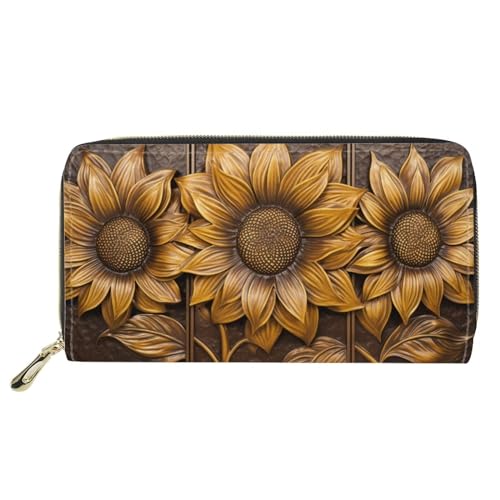 Retro Sunflower Women Soft Leather Purses Zipper Protable Travel Wallet Long Shopping Pouch, Portable Zippered Women Purse Wallet, Gift for Mom, Gold