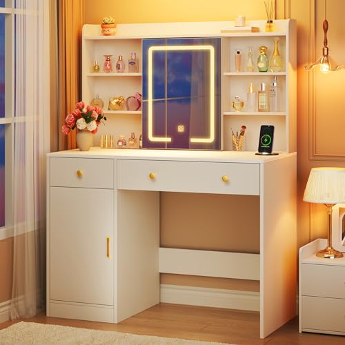 Image of HUAHUU Vanity Desk with Mirror and Lights, 37 inch Makeup Vanity Desk with LED Lighted Mirror, Power Outlet, White Vanity with Storage Cabinet, 2 Drawers & 6 Shelves for Bedroom