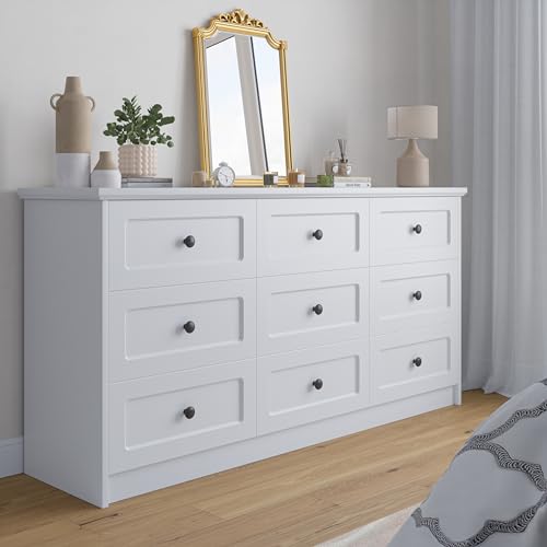 Mekminop Cómoda moderna de 63 pulgadas de ancho, 9 cajones con asas, cómoda blanca y cómoda con almacenamiento de gran capacidad, cómodas de almacenamiento independientes para dormitorio, sala de
