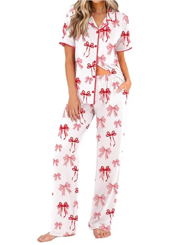 Ekouaer Womens Pajama Sets Button Down Loungewear Short Sleeve Sleepwear 2 Piece Pants Pjs Set with Pockets Red Bow M