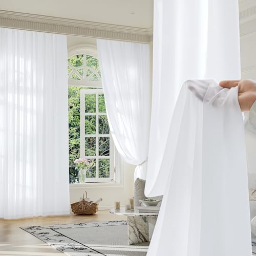 Image of FMFUNCTEX White Sheer Curtains, 54 Inch, Rod Pocket, 2 Panels for Bedroom | White Semi Sheer Airy Drapes for Living Room, Faux Silk, Light Filtering for Privacy Without Blocking Natural Light