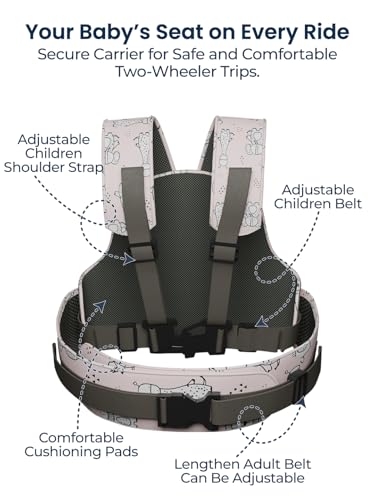 Image of POLKA TOTS Premium Two Wheeler Safety Belt for Kids | Safety Belt for Bike & Scooty, 3-Point Baby Proof Buckle, Adjustable & Cushioned Shoulder & Waist Straps, Comfortable & Secure Fit (Up to 10 Years)