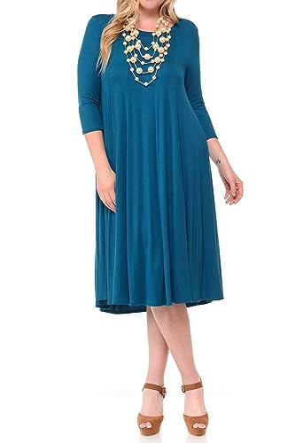 Pastel by Vivienne Women's Plus Size 3/4 Sleeve A-Line Swing Midi Dress – Flowy, Stretchy, Casual, and Comfortable Fit for All-Day Wear X-Large Teal