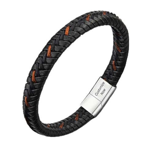 Casisto.J Mens Leather Bracelet – Classic Handmade Braided Black & Brown Cuff Bracelet with Engraved Magnetic Clasp Free Jewelry Gift Boxed (Customized-Black, 21)