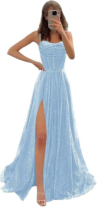 Tüll Ballkleider Glitzer Spaghettiträger Langes Ballkleid Sweetheart A-Linie mit Schlitz Korsett Abendkleid, hellblau, XS