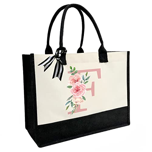 Sacola de lona com carta impressa, presentes personalizados para mulheres, mães, amigas, professoras, bolsas de praia premium com zíper, F, Large