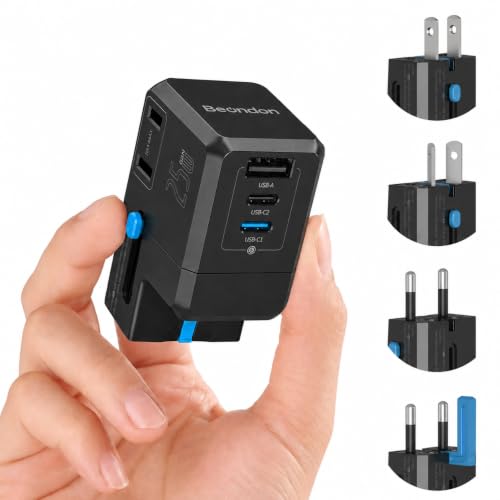 BEONDON Universal Travel Adapter, 25W USB-C Charger, US UK EU AU Plugs