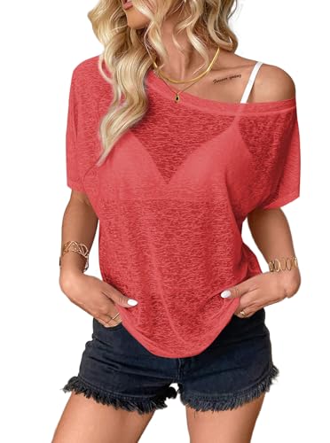 Image of Hilinker Women's Sheer Off The Shoulder Tops See Through Sexy Short Sleeve Mesh Shirt Summer