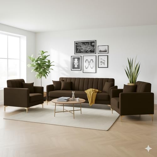 Image of 3+1+1 Seater Velum Fabric Sofa Set for Living Room, Modern Design with High Density Foam, Solid Wood Frame, Ergonomic Comfortable Seating for Home & Office (Dark Brown, 3+1+1)