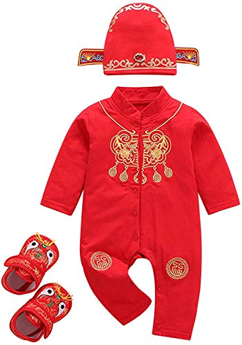 Image of 3PC Newborn Baby Girl Boy New Year Tang Suit Red Romper Bodysuit Hat Shoes Outfits