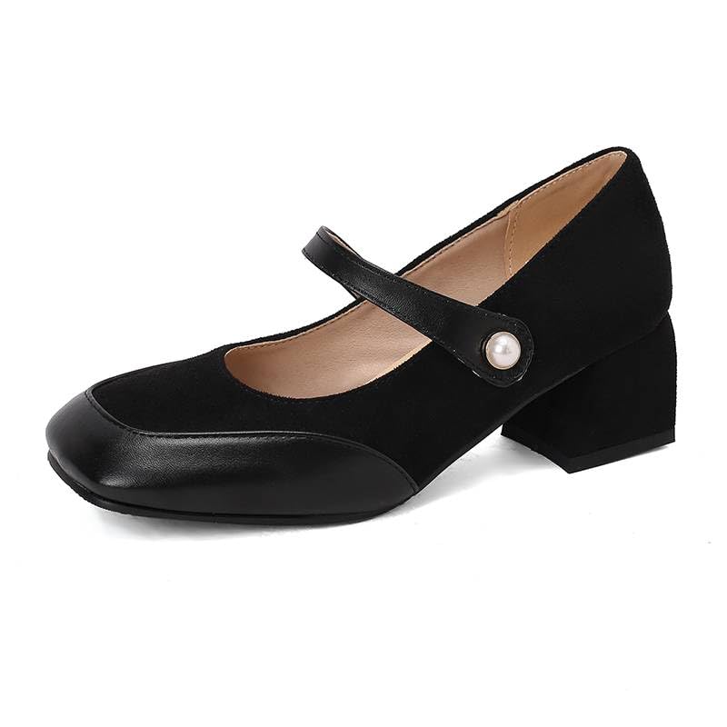 Women Vintage Mary Jane Pumps Square Toe Block Heels with Color Block
