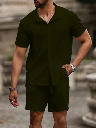 Image of Zilcon Men's 2 Piece Outfit Casual Short Sleeve Button Down Shirt Beach Summer Loose Pant Sets
