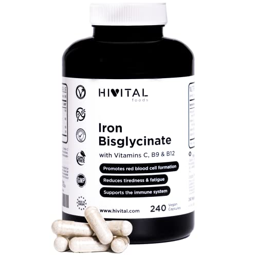 Hierro 14 mg. 240 cápsulas veganas para 8 meses. Bisglicinato de Hierro con Vitamina C, Ácido Fólico y Vitamina B12 que ayuda a la formación de glóbulos rojos, al sistema inmune y a mejorar la energía