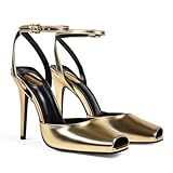 CAGLGLZ Square Open Toe Heeled Sandals for Women Patent Leather Stiletto High Heels Peep Toe Ankle Strap Backless Pumps Fashion Casual Dressy Party Shoes(Gold,9)